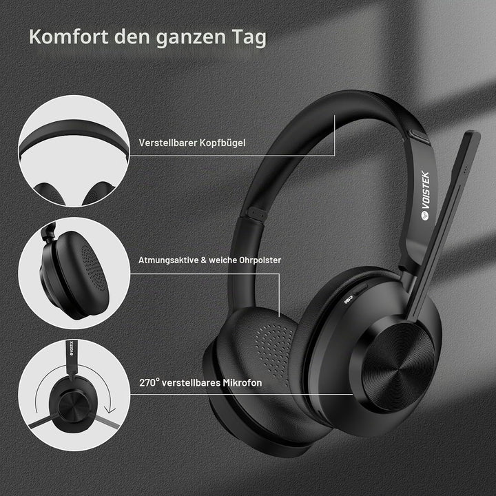 Voistek Headset mit Mikrofon Bluetooth &amp; USB Dongle, 50Std. Akku, On Ear Wireless Headset mit Mikrof