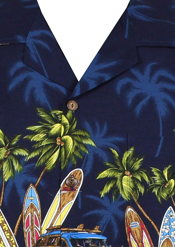 Pacific Legend Original Hawaiihemd, Kurzarm, Surfbretter Autos Brust-Print, Schwarz, 4XL M Surfbrett