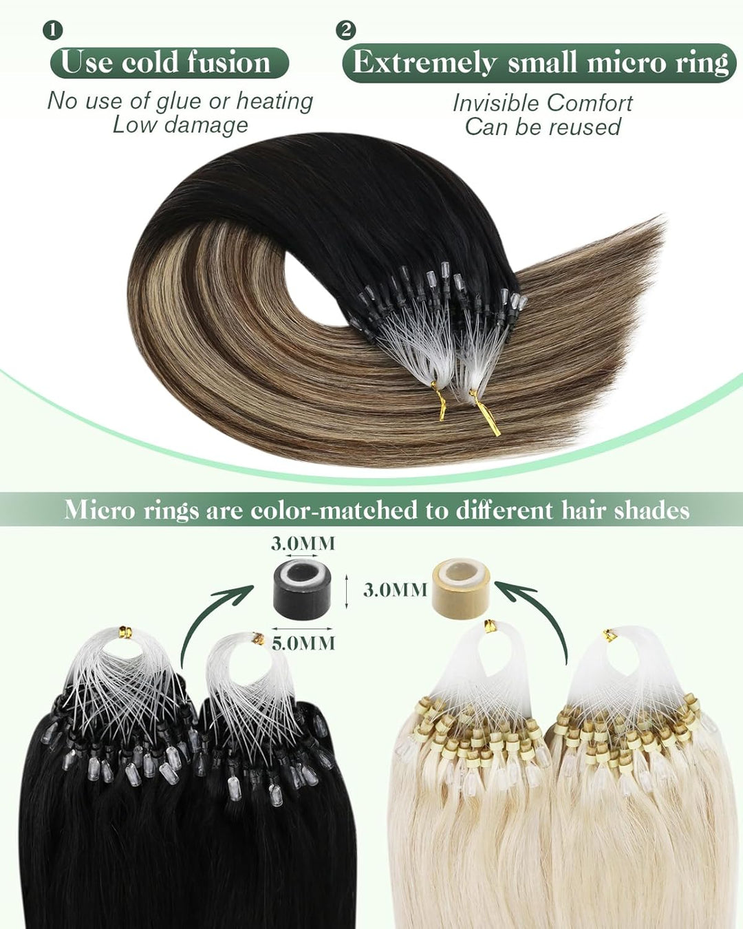 Ugeat 45cm Haarverlängerung mit Microrings Balayage Schwarz zu Dunkelbraun und Karamellblond Remy Ec
