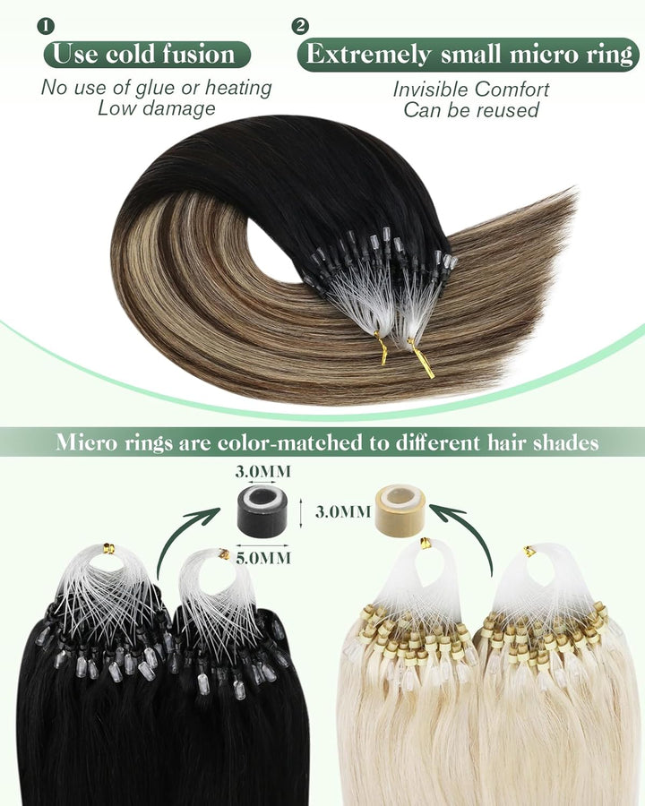 Ugeat 45cm Haarverlängerung mit Microrings Balayage Schwarz zu Dunkelbraun und Karamellblond Remy Ec