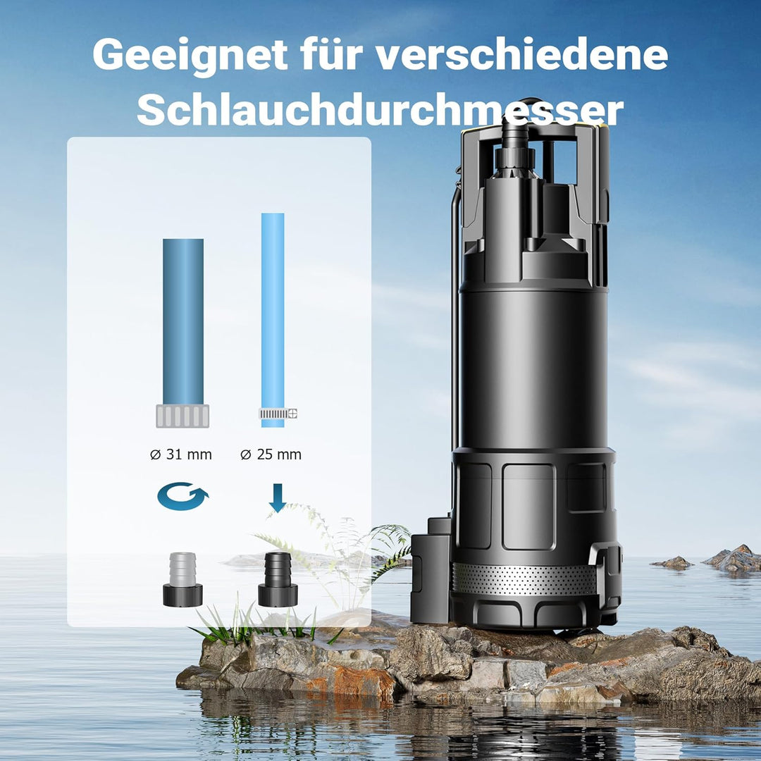 Wiltec Tauchpumpe mit Trockenlaufschutz und Schwimmerschalter 1200 W, Tiefbrunnenpumpe 6000 l/h, Was