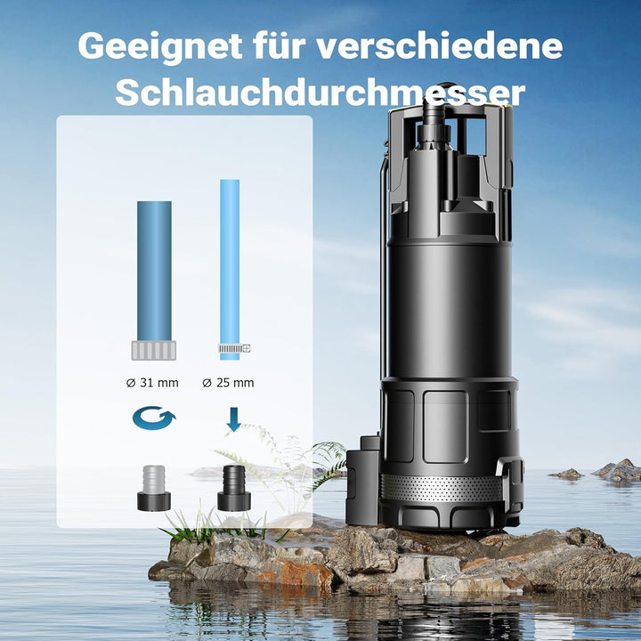 Wiltec Tauchpumpe mit Trockenlaufschutz und Schwimmerschalter 1200 W, Tiefbrunnenpumpe 6000 l/h, Was