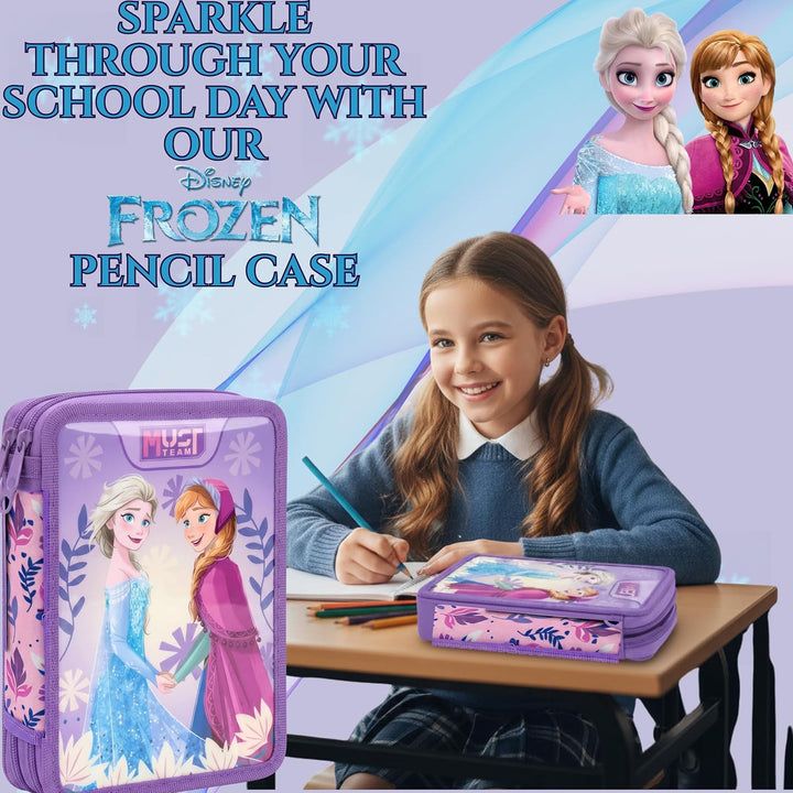 Disney Doppeldecker-Federmäppchen gefüllt mit Schreibwaren für Kinder (Lila Frozen Doppelreissversch