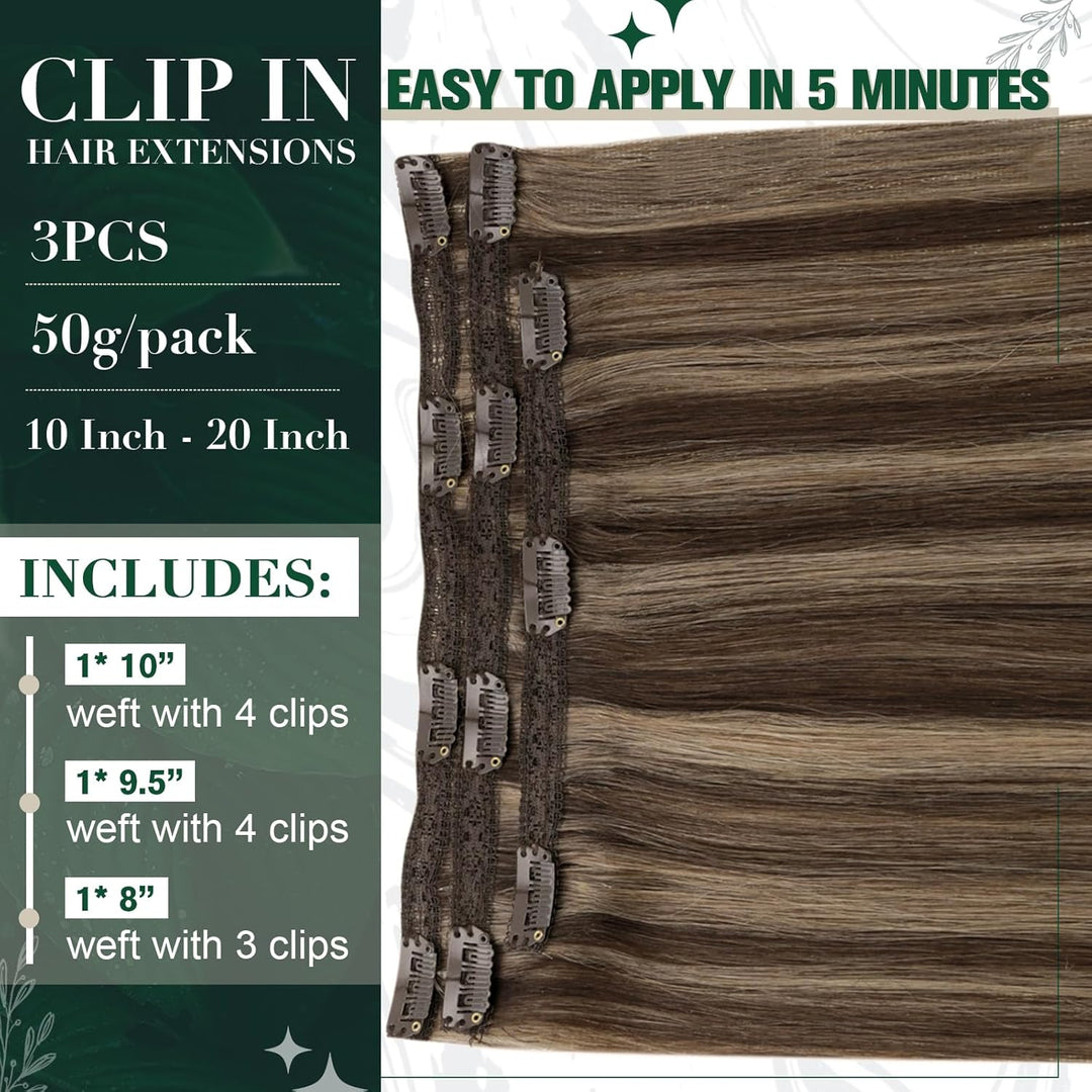 RUNATURE Echthaar Extensions Clip in Dunkelbraun mit Dunkelblond Echthaar Clip in Extensions Braun C