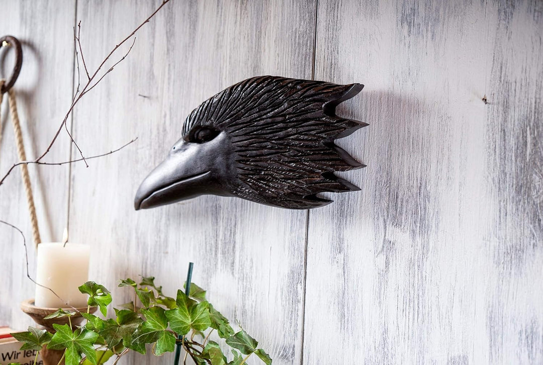 Windalf Wikinger Holz Raben Wandskulptur HUGIN 33 cm Odins Schwarzer Rabe Wandschmuck links schauend