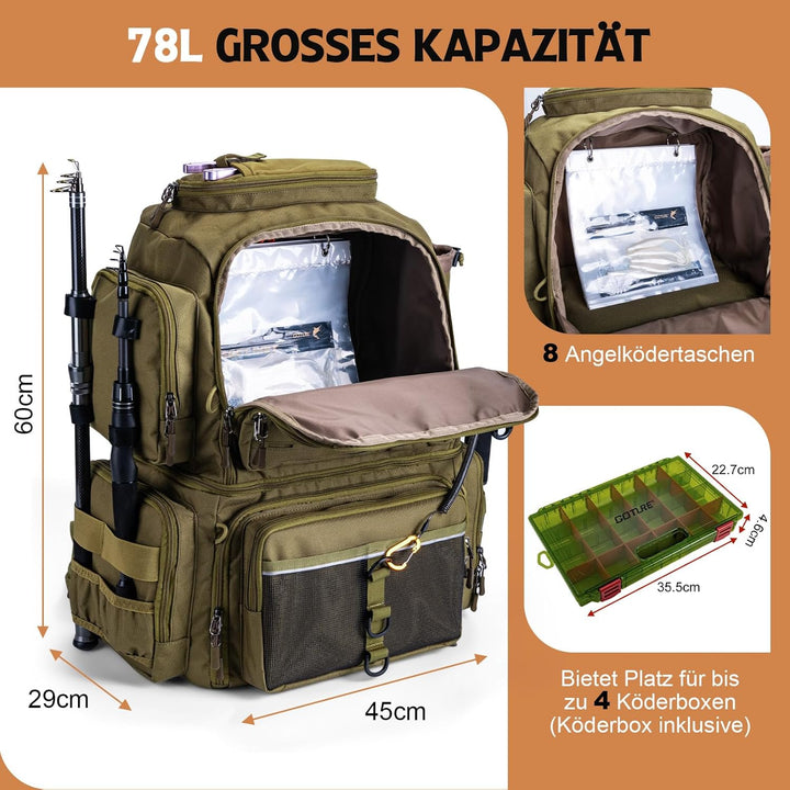 Goture Doppelstöckiger Angelrucksack mit 4 Köderbox Angeln – 78L wasserdichte Angelgerätetasche mit