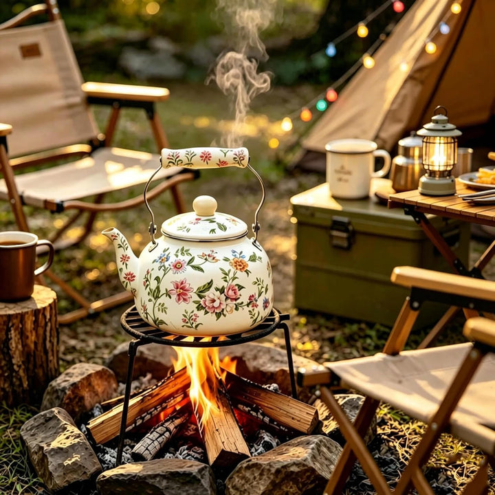 Teekessel Emaille Geschirr Kaffeekanne 2.4L Camping Wasserkessel für Induktion und Gasherd, Topf Gri