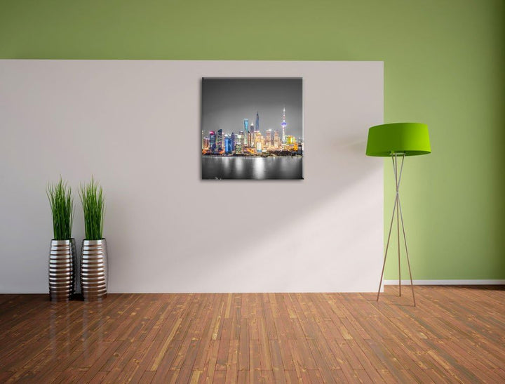 Pixxprint Shanghai Skyline bei Nacht schwarz/weiss, Format: 70x70 auf Leinwand, 70x70