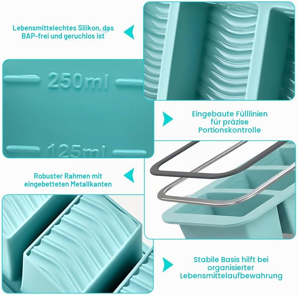 2Stück Suppen Einfrieren Behälter, Silikon Gefrierform Suppe mit Deckel 4 Gitter, 250ml Silikon Gefr