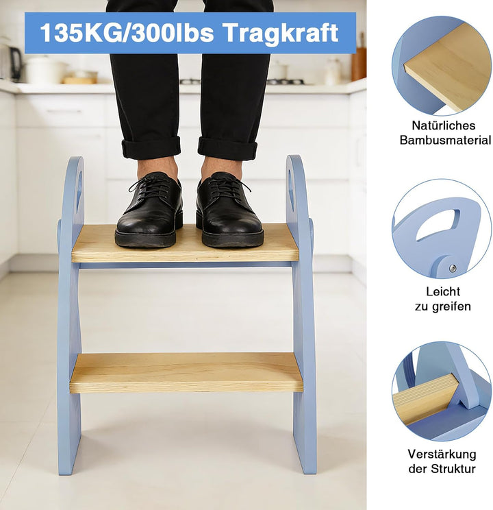 Tritthocker Kinder 2 Stufen, Trittleiter Klappbar Holz mit Griff, Tragfähigkeit bis zu 135KG, Tritts