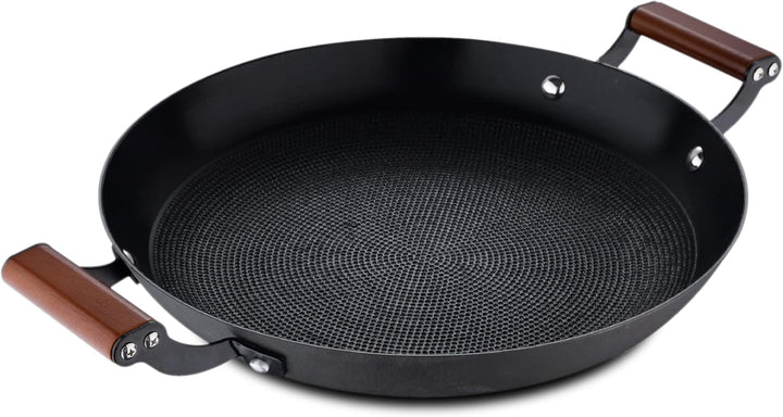 MasterPRO Odín | Grillpfanne | Rundes Design 28 cm | Aus Gepresstem Eisen | Ergonomischer Akazienhol