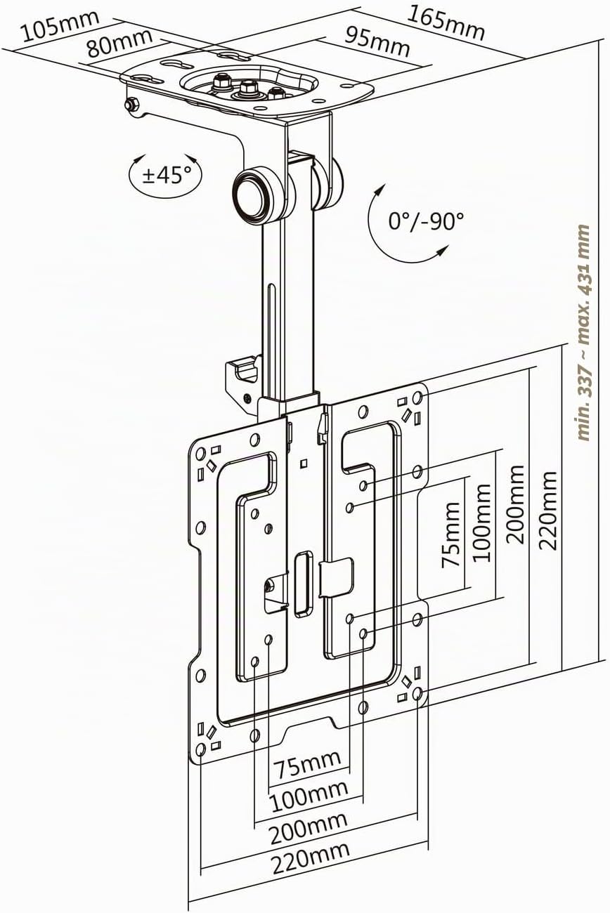 AISENS CT43S-187 Deckenhalterung, drehbar, faltbar, für Monitor/TV, 20 kg, 19-43 cm, Schwarz