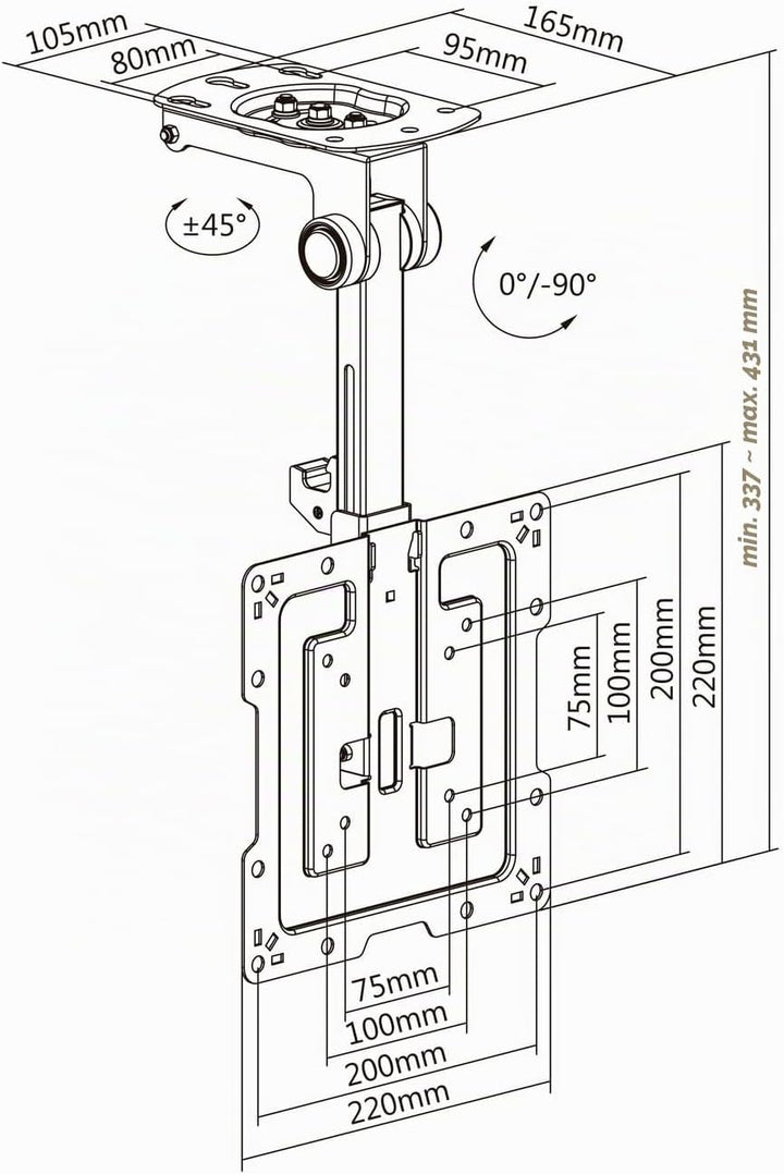 AISENS CT43S-187 Deckenhalterung, drehbar, faltbar, für Monitor/TV, 20 kg, 19-43 cm, Schwarz