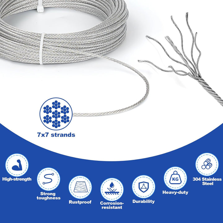 TooTaci Edelstahlseil 3mm Set,60M/3mm Drahtseil Edelstahl,Stahlseil mit Ösen,10 Stück M5 Seilspanner