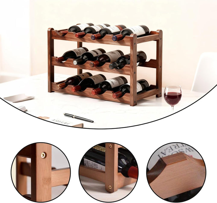 Dreistufiges Weinregal Holz,Flaschenregal,Stapelbares Flaschenregal für 12 Flaschen, Dunkle Oberfläc
