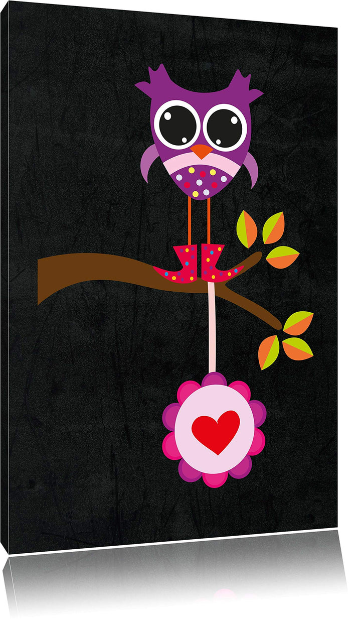 Pixxprint Süsse Eule auf AST mit Anhänger als Leinwandbild/Grösse: 100x70 cm/Wandbild/Kunstdruck/fer