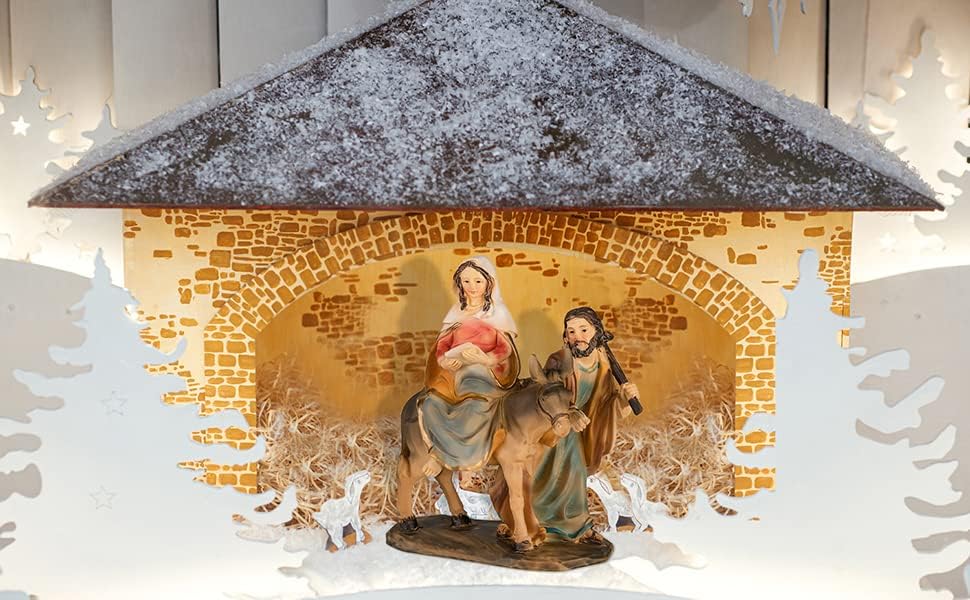 Krippenblock Herbergssuche/Krippenfiguren Maria und Josef auf Esel aus der Suche nach Einer Herberge