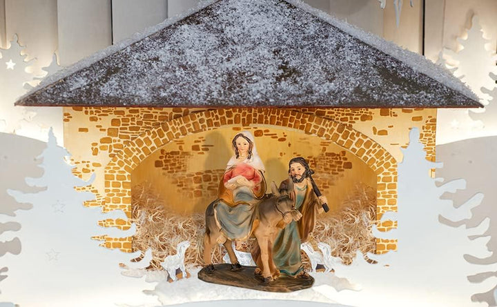 Krippenblock Herbergssuche/Krippenfiguren Maria und Josef auf Esel aus der Suche nach Einer Herberge