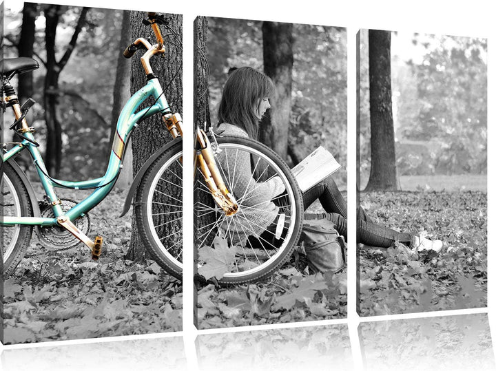 Pixxprint Junges Mädchen mit Fahrrad als Leinwandbild | Grösse: 3 Teilig (120x80) | Wandbild| Kunstd