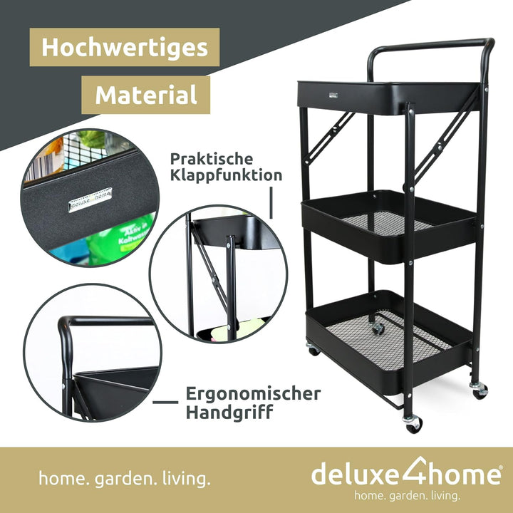 deluxe4home® Servierwagen mit 3 Ebenen Klappbar I Servierwagen Küchenwagen mit Griff I Rollen mit Br