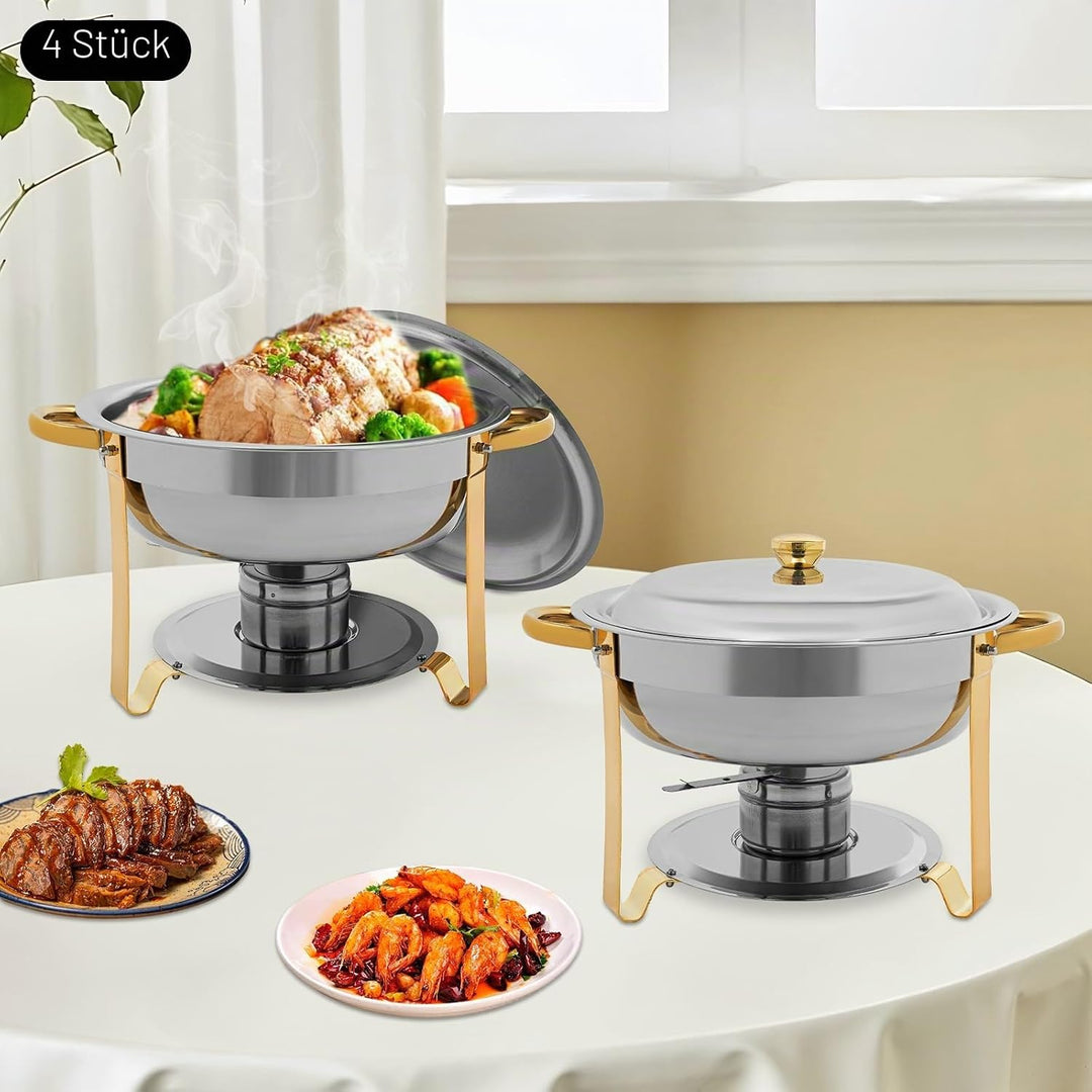 4er Set Rund Chafing Dish Set, Professional Speisenwärmer mit Deckel, 4,5L Edelstahl Buffet Wärmebeh