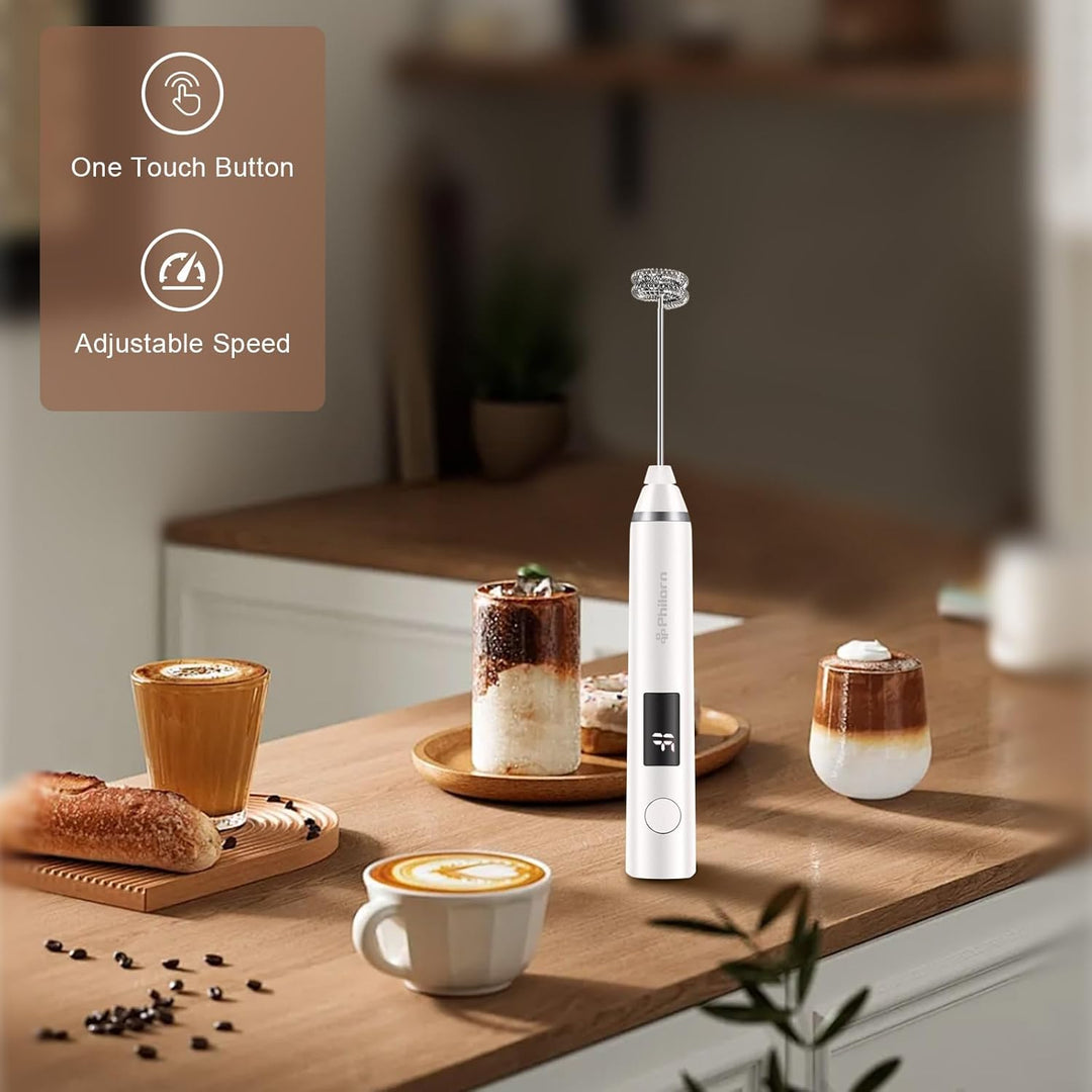 Philorn Elektrischer Milchaufschäumer Stab USB-C aufladbar mit LCD-Batterieanzeige -2 Aufsätzen, 3 S