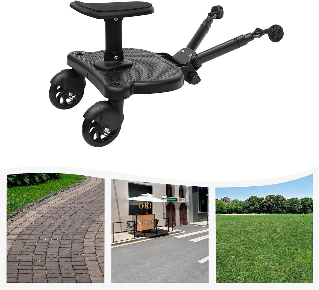 Buggy Board Universal Kinderwagen Skateboard – Mitfahrbrett mit Abnehmbarem Sitz 25kg, Faltbares Tri