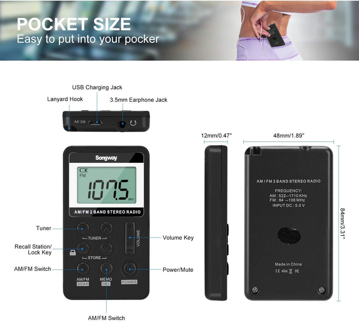 Songway AM/FM-Taschenradio Stereo mit Kopfhörer-LCD-Display USB Wiederaufladbar Hervorragender DSP-E