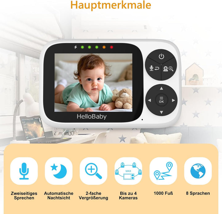 HelloBaby Babyphone mit Kamera, Ohne WLAN, 3,2-Zoll-IPS-Bildschirm, Nachtsicht, Schwenken, Neigen Zo