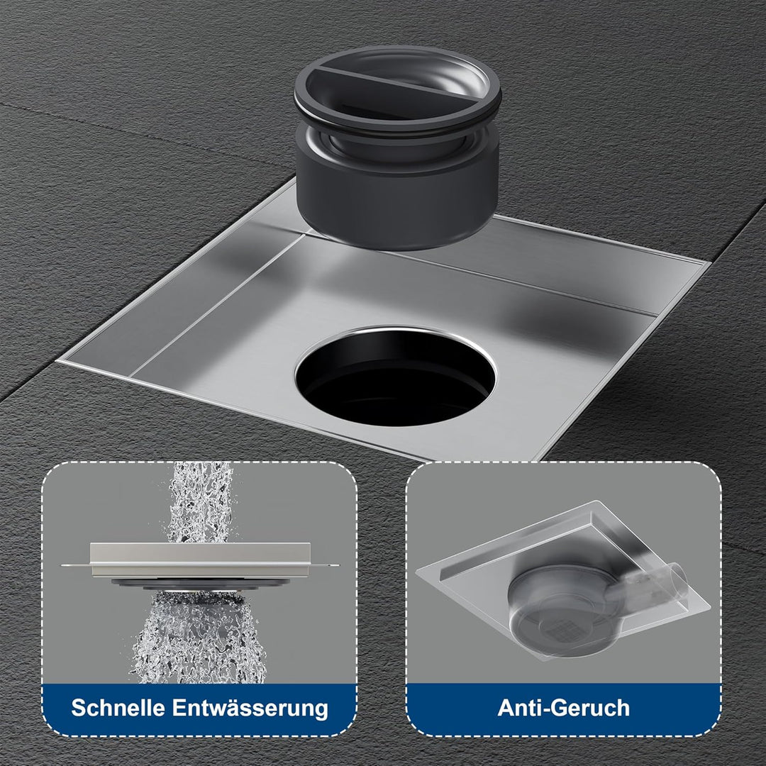 Neodrain Duschrinne Quadrat Edelstahl Bodenablauf Dusche 20 x 20 cm mit 360° Siphon, Geruchsverschlu