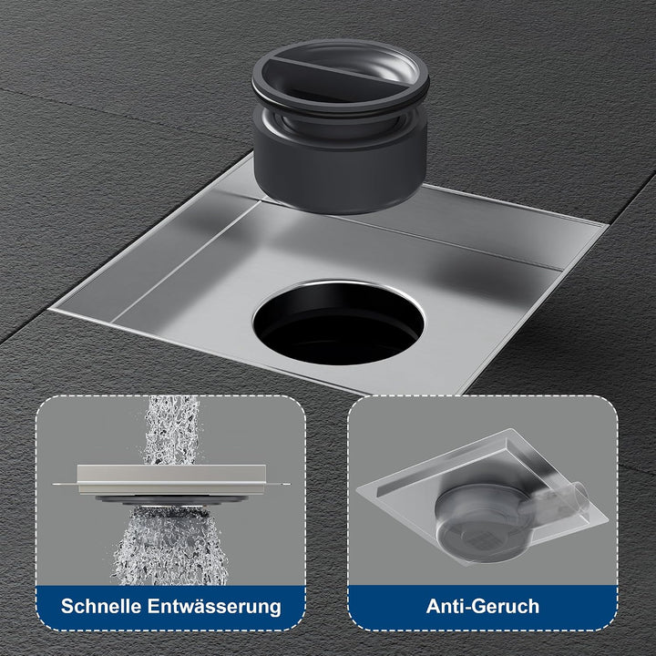 Neodrain Bodenablauf Dusche Edelstahl Duschrinne Quadratisch 20 x 20 cm mit 360° Siphon, Geruchsvers