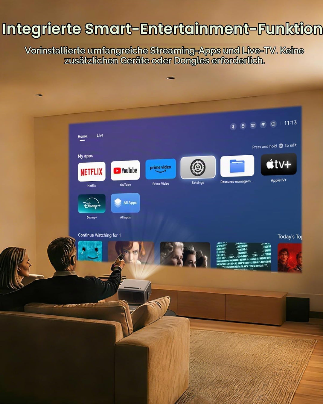 4K Beamer Heimkino 1500 ANSI Lumen Tageslicht Smart Projektor mit Apps, ToF Autofokus &amp; Trapezkorrek