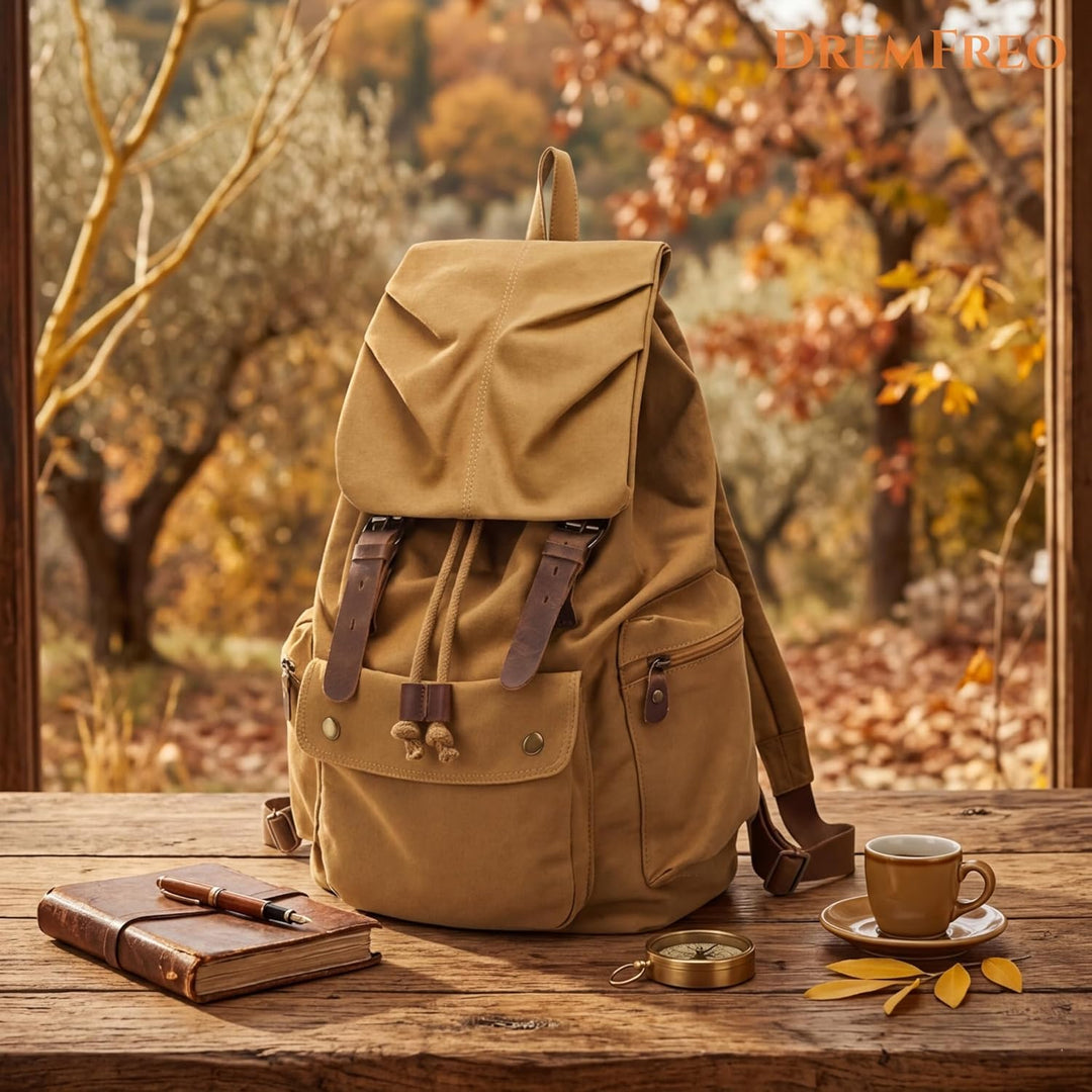 DremFreo Rucksack Canvas Vintage mit Leder Zubehör Daypack Passend für 14 Zoll Laptop Khaki, Khaki