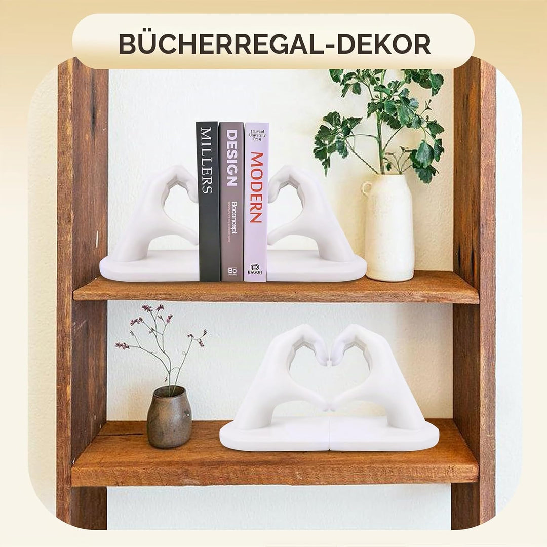 Weisse Buchstützen Set aus Resin - Herz & Hände Skulptur als Buchstütze, dekorative Bookends für Büc