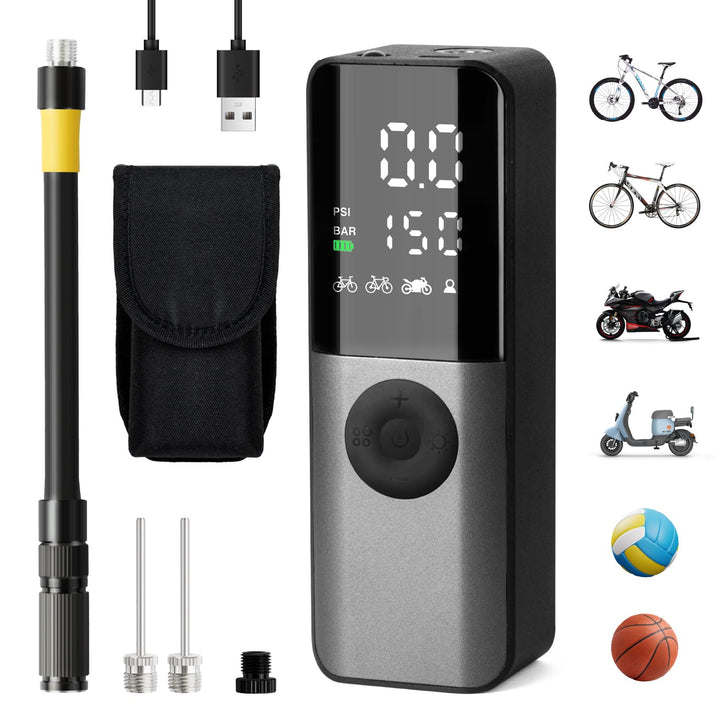 Elektrische Fahrradpumpe, Mini Fahrradpumpe 150PSI mit Digitales Druckmessgerät, Fahrradpumpen Elekt