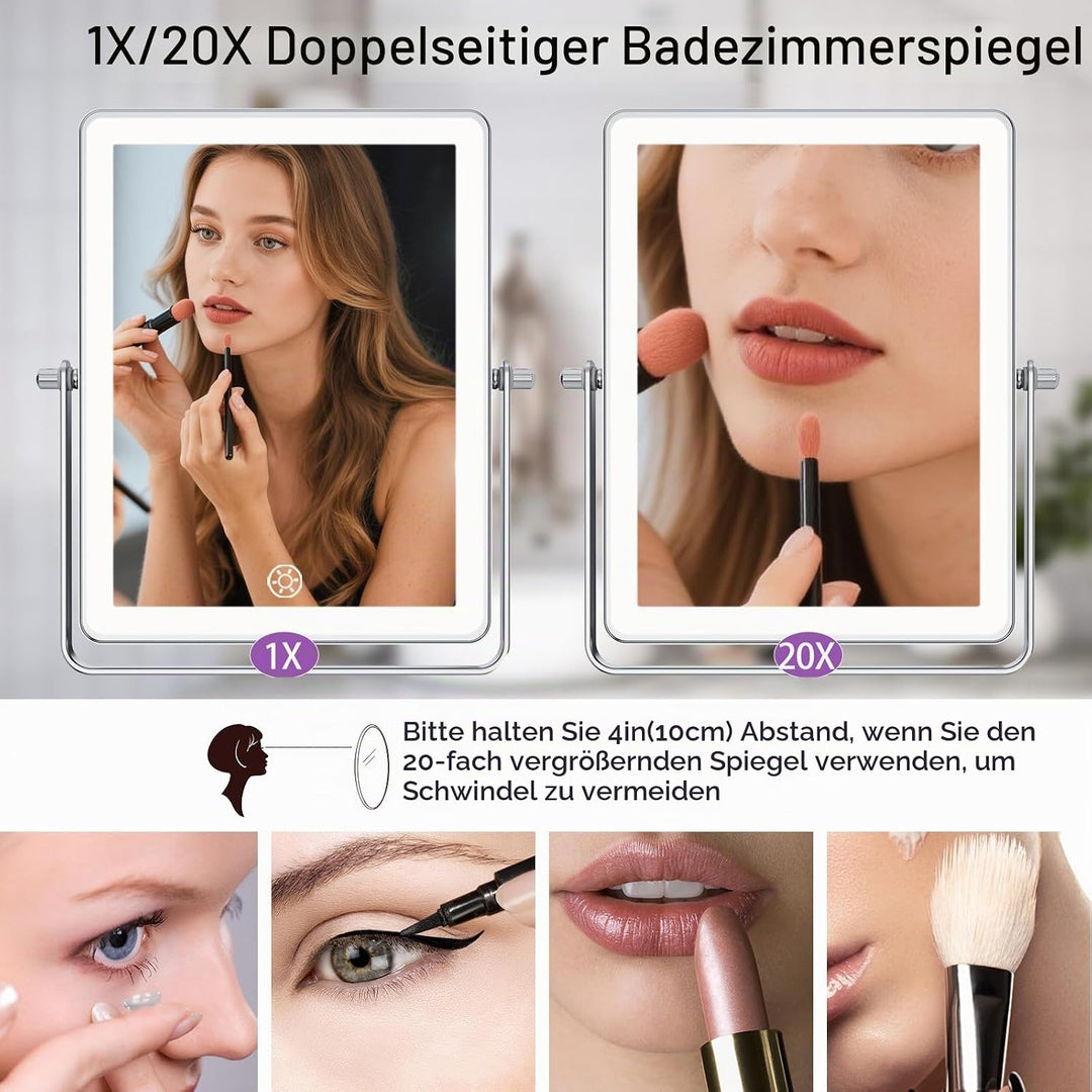 FASCINATE Wiederaufladbarer Kosmetikspiegel mit 1X/20X Vergrösserung, 3 dimmbare Lichtfarben, Touchs