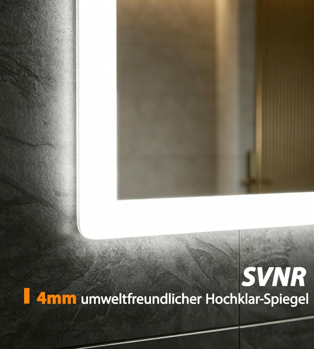 SVNR Spiegel mit Beleuchtung - 120x60cm Badezimmerspiegel mit 3-Tasten-Touch-Schalter, 3 Farbtempera