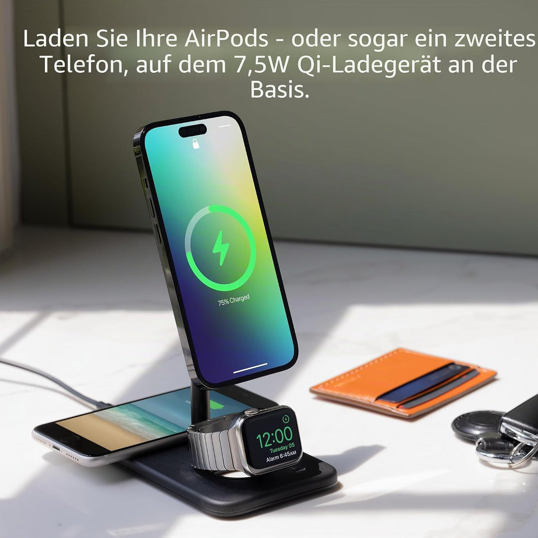 Twelve South HiRise 3 Deluxe | Compact Luxury MagSafe Stand for iPhone, AirPods and Apple Watch, Sch