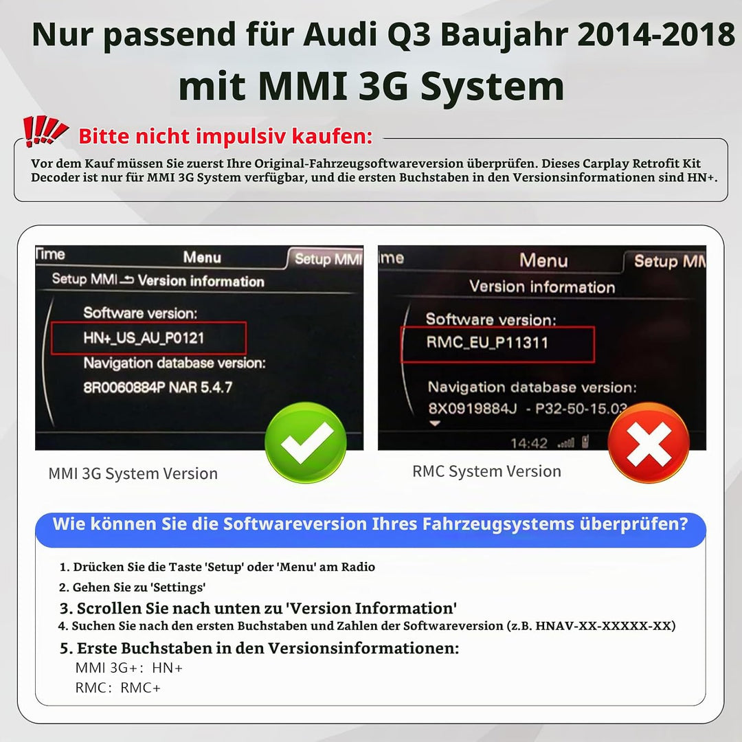 Road Top CarPlay Wireless Modul für Audi Q3 2014-2018 Jahr mit MMI 3G | HN+ Auto Software Version, C