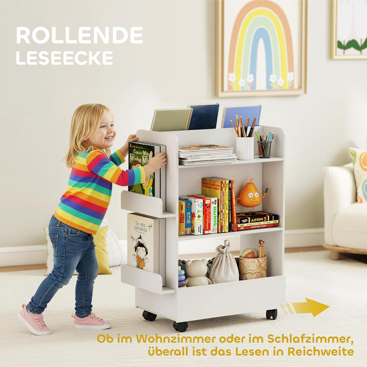 AIYAPLAY Kinder Bücherregal, Kinderregal mit 4 Regalen Bodenfach 2 Seitenteile, doppelseitiges Kinde