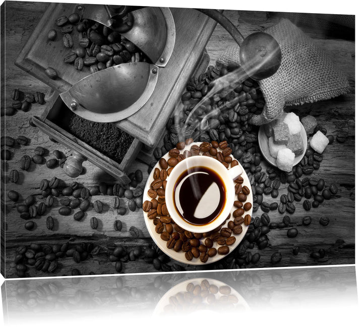brühwarmer Kaffee mit Kaffeebohnen schwarz/weiss Format: 100x70 auf Leinwand, XXL riesige Bilder fer