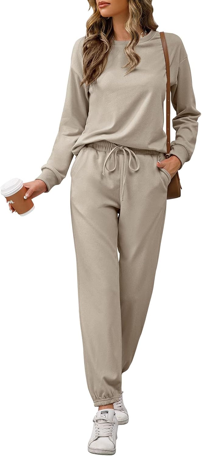 REORIA Damen Tracksuit Langarm Rundhalsausschnitt Einfarbig Zweiteiler Outfit Hoodie Jogger Training