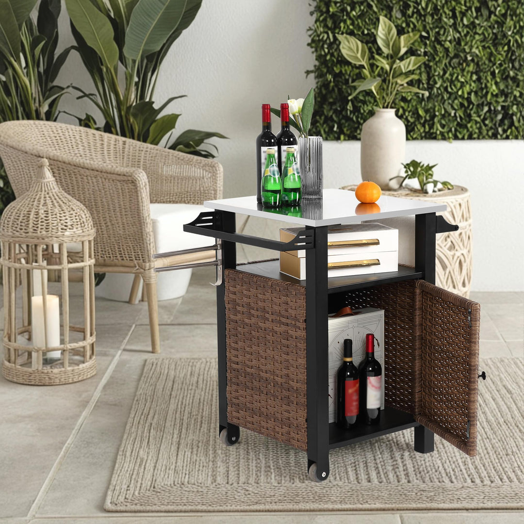 Rollbarer Rattan-Servierwagen mit ausziehbarer Edelstahl-Tischplatte, Kücheninsel für Outdoor mit Sc