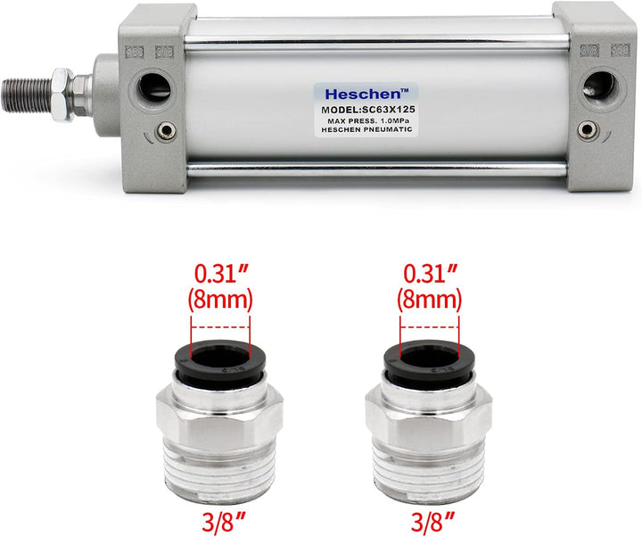 Heschen Pneumatischer Standard-Luftdruckzylinder, SC 63-125, PT3/8 Anschluss, 63mm Bohrung, 125mm Hu
