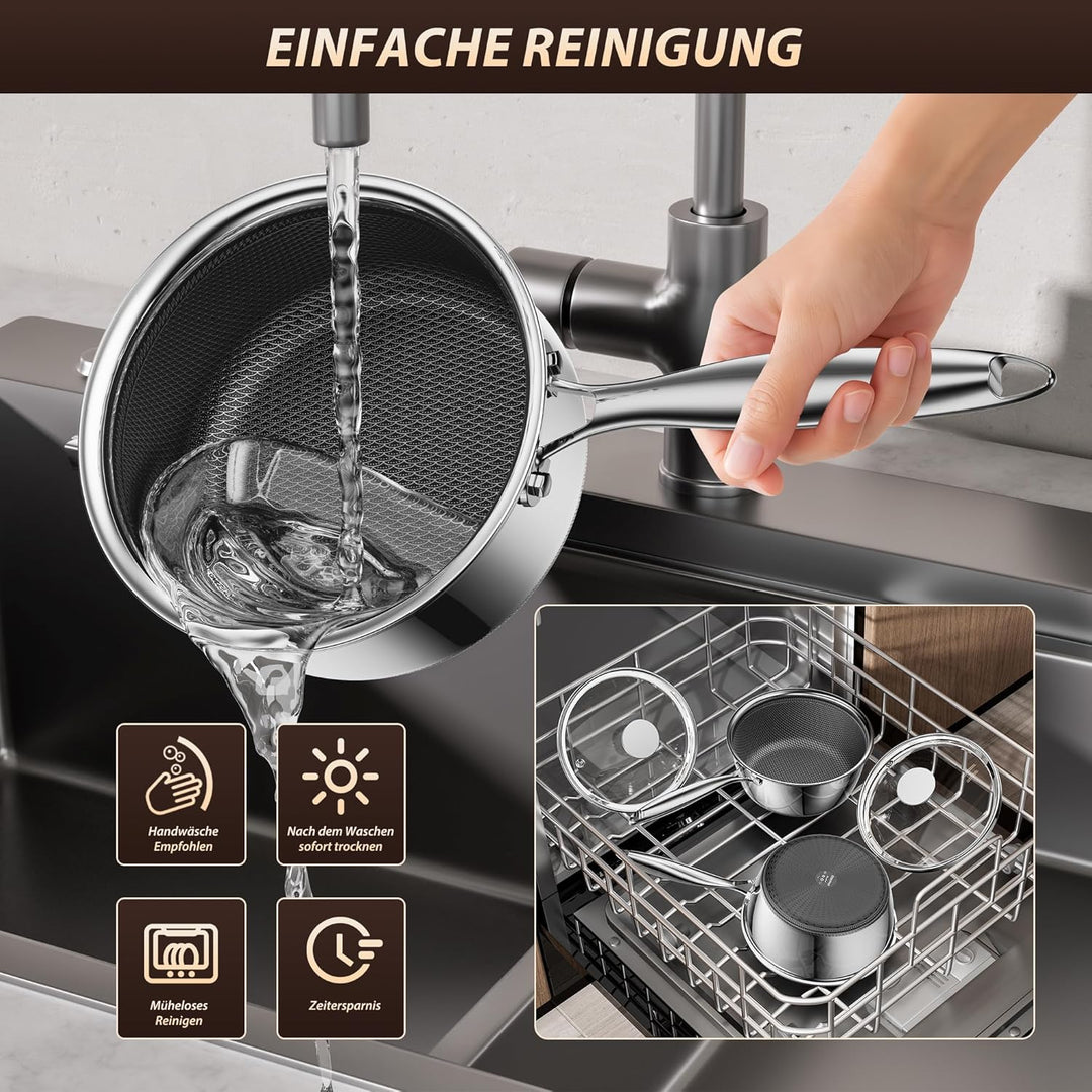 Kochtopf mit Deckel Hybrid 16cm/1.1L, Stielkasserolle Induktion Antihaft, Kühl bleibender Griff, Spü