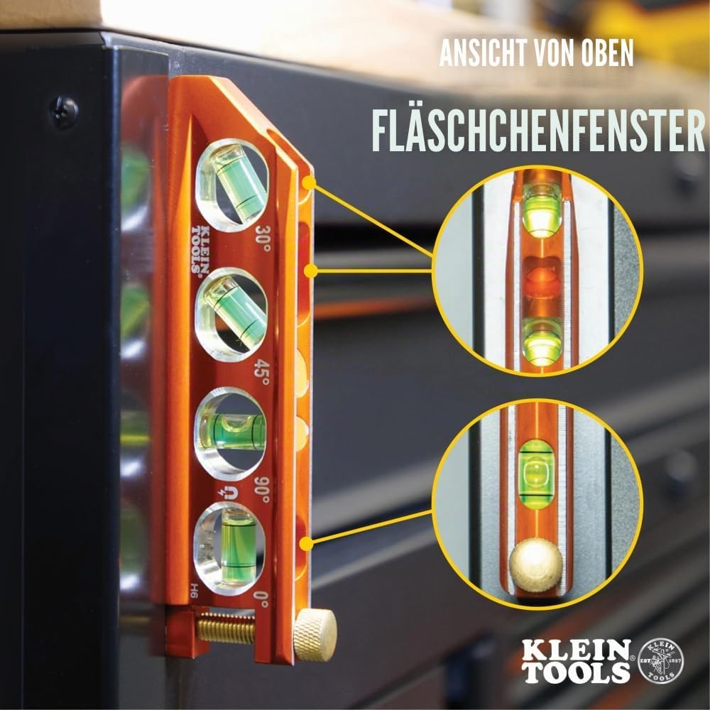 Torpedo Wasserwaage, magnetisch, 4 Libellen für Rohrbiegen & mehr, mit V-Nut & Magnetschiene Klein T
