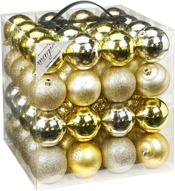 64x Kunststoff Christbaumkugeln 6cm Kugel Box Glanz Glitzer Matt Dekor Inge Glas, Farbe:Gold, Gold