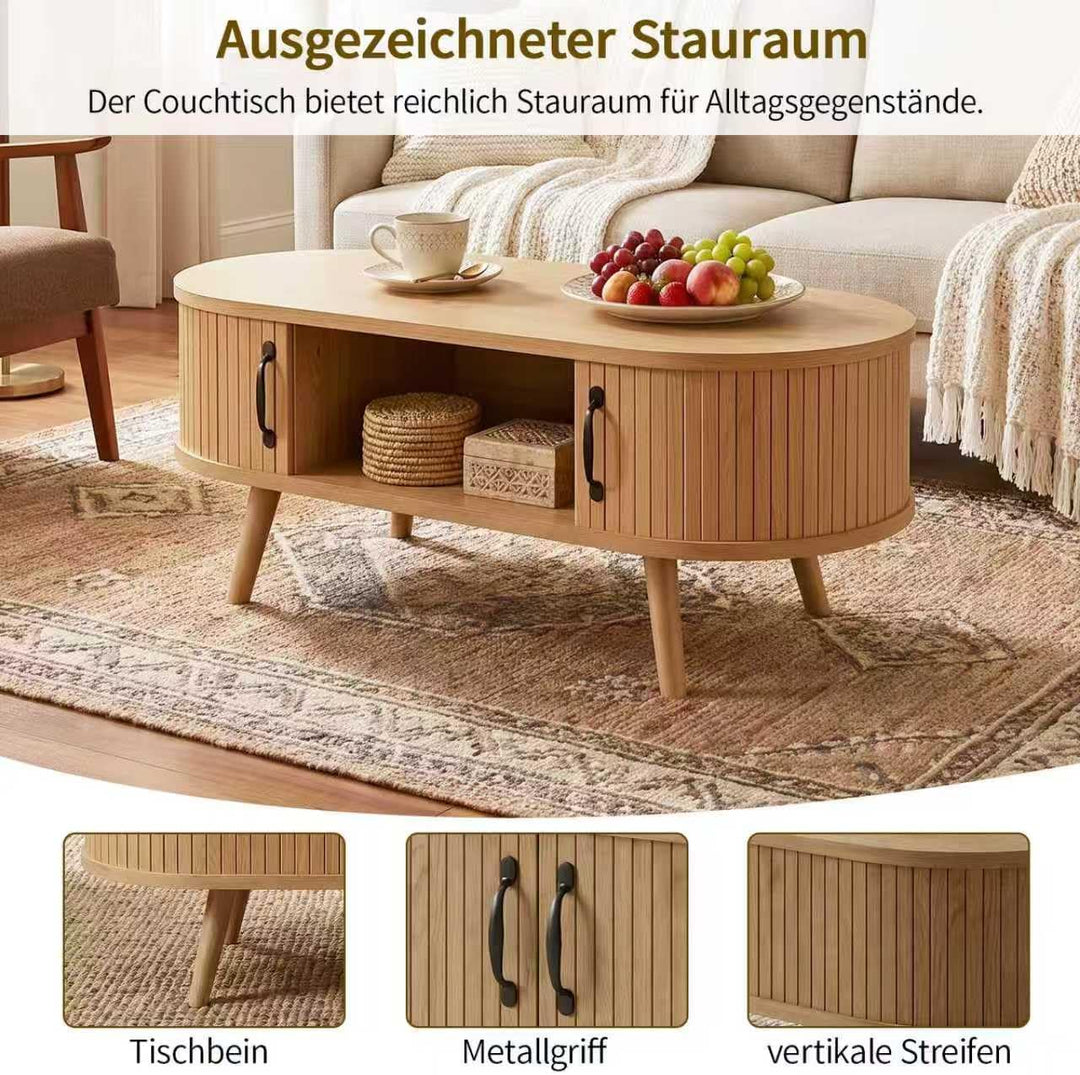 Ovaler Couchtisch Holz mit Stauraum, Moderner Wohnzimmertisch mit geriffelten Fronten, Skandinavisch