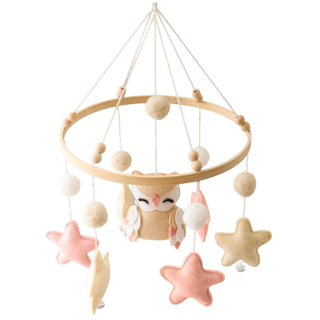 Baby-Mobile fürs Kinderbett Holz-Mobile mit Filzkugeln Eule und Stern Bettglocke als Anhänger Kinder