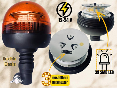 Rundumleuchte orange, Warnleuchte mit flexiblem Fuss LED 12V 24V Für Strassenver 3 Funktionen R65